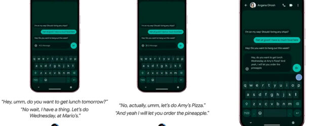 Google Rambler demonstration showing hesitant speech being turned into a clean WhatsApp message on a Pixel phone