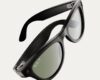 Black Ray-Ban Meta smart glasses shown at an angle, with built-in camera and tinted lenses.