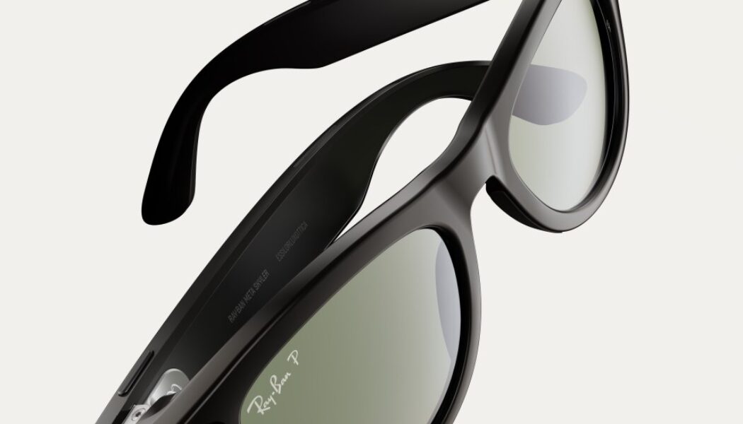 Black Ray-Ban Meta smart glasses shown at an angle, with built-in camera and tinted lenses.