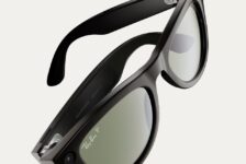 Black Ray-Ban Meta smart glasses shown at an angle, with built-in camera and tinted lenses.