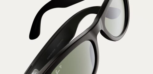 Black Ray-Ban Meta smart glasses shown at an angle, with built-in camera and tinted lenses.