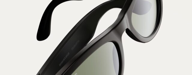 Black Ray-Ban Meta smart glasses shown at an angle, with built-in camera and tinted lenses.