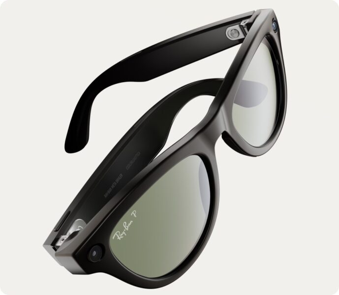 Black Ray-Ban Meta smart glasses shown at an angle, with built-in camera and tinted lenses.