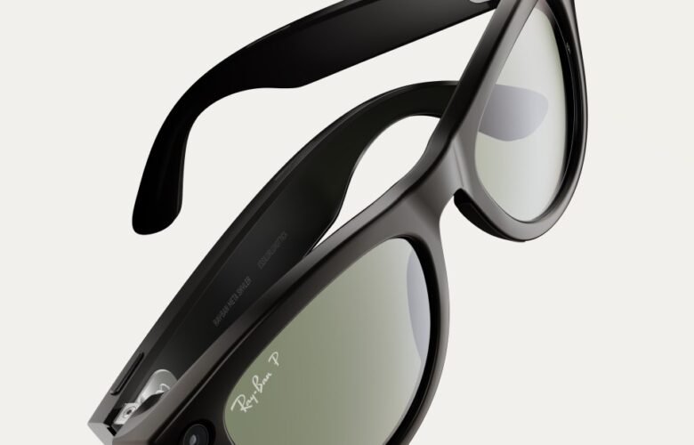 Black Ray-Ban Meta smart glasses shown at an angle, with built-in camera and tinted lenses.