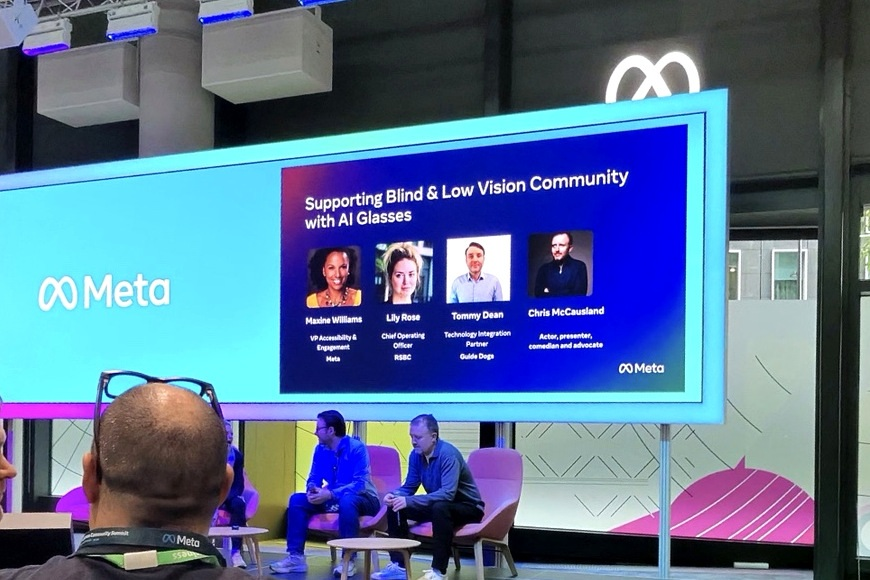 Presentation at Meta's AI Glasses Community Summit about blind and low-vision accessibility, with Chris McCausland among the speakers listed.