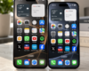 Two Apple iPhones standing side by side, illustrating iPhone Handoff and the ability to share one mobile number between devices.