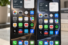 Two Apple iPhones standing side by side, illustrating iPhone Handoff and the ability to share one mobile number between devices.