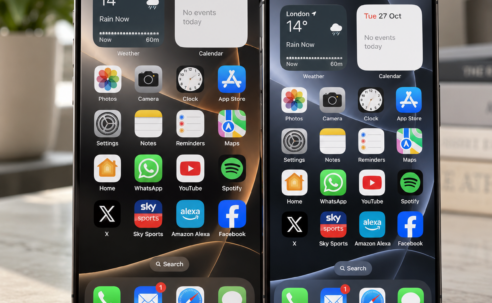 Two Apple iPhones standing side by side, illustrating iPhone Handoff and the ability to share one mobile number between devices.