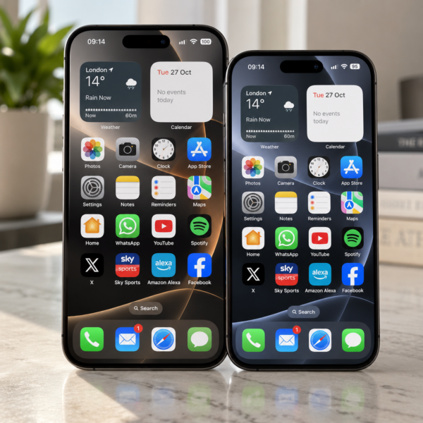 Two Apple iPhones standing side by side, illustrating iPhone Handoff and the ability to share one mobile number between devices.