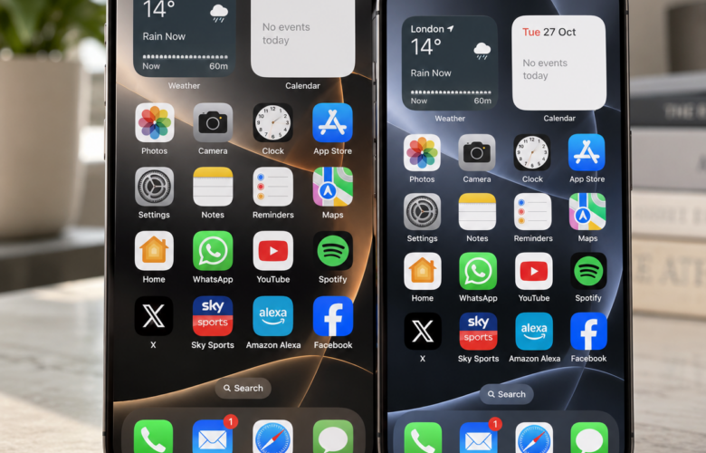 Two Apple iPhones standing side by side, illustrating iPhone Handoff and the ability to share one mobile number between devices.