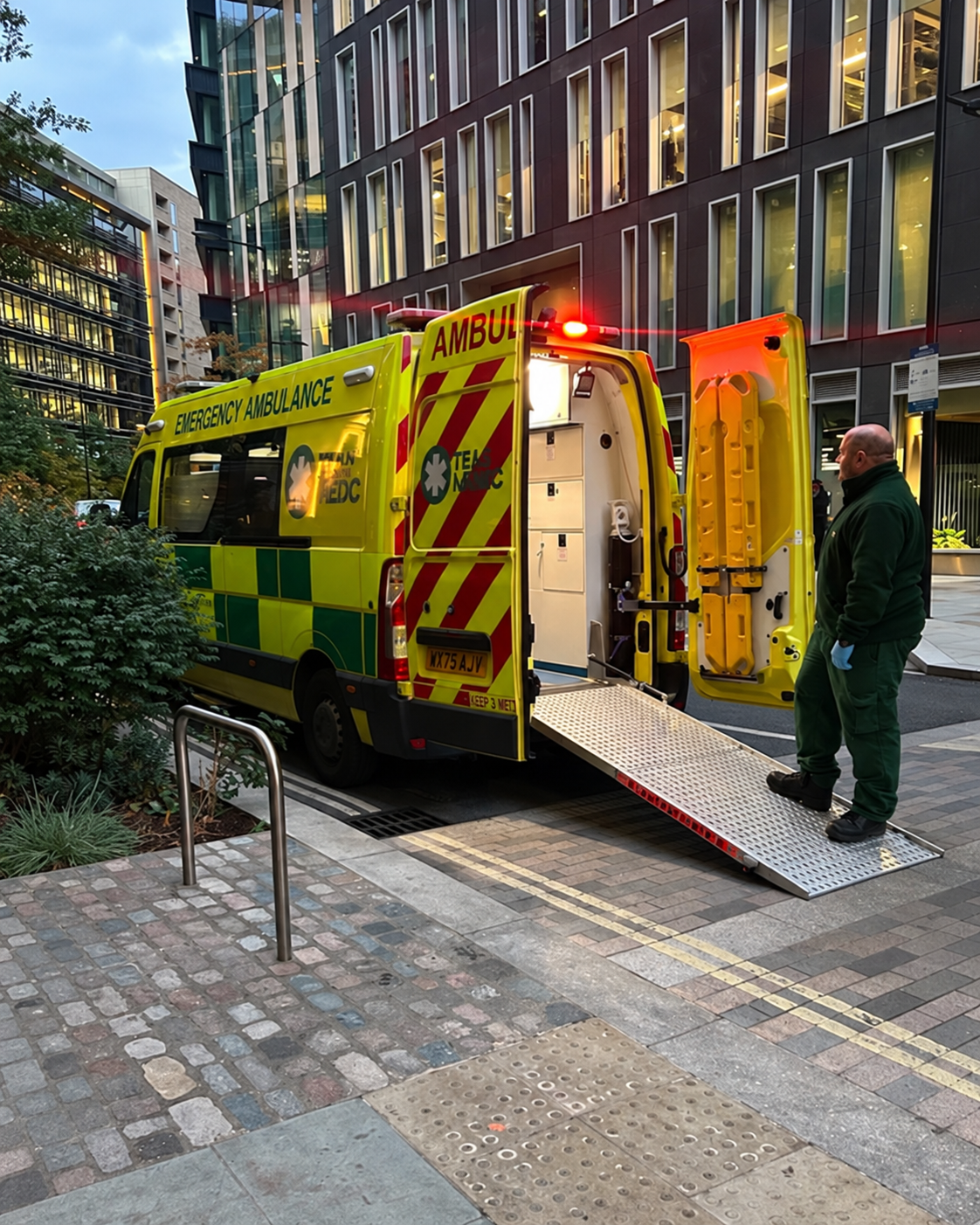 Ambulance outside Meta's King's Cross headquarters at the end of the AI Glasses Community Summit, with its wheelchair ramp extended and a crew member standing on it.