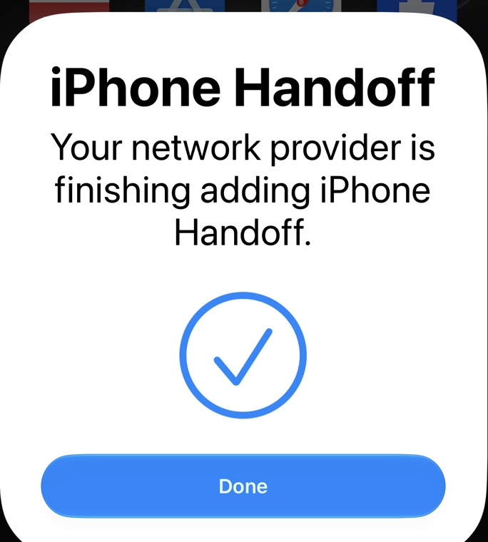 Screenshot showing EE completing the activation of Apple's iPhone Handoff service.